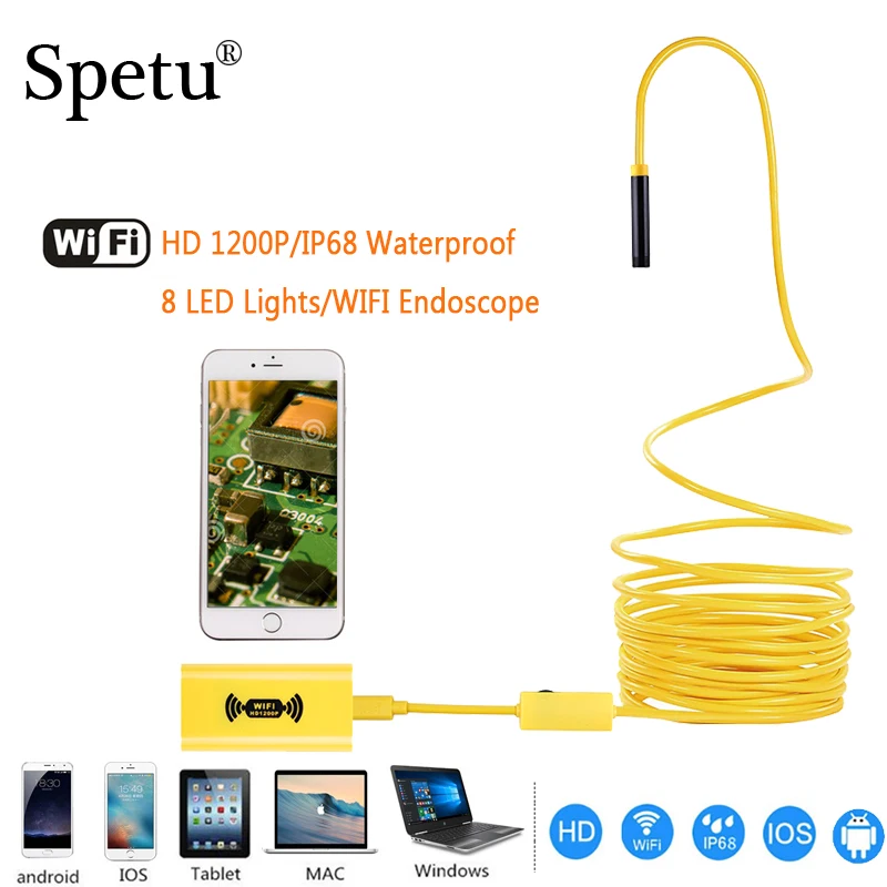 Spetu Wi-Fi 8leds эндоскоп желтый Softwire HD 1200 P инспекции Камера 2MP IOS Android Endoscopio IP68 Водонепроницаемый змея Камера