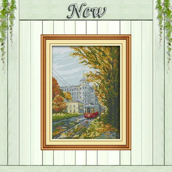 

Tram city scenery decor diy painting counted printed on canvas DMC 11CT 14CT kits Chinese Cross Stitch embroidery needlework Set