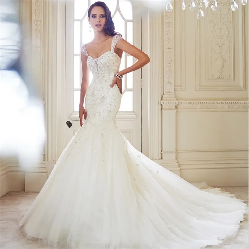 Elegant Long Mermaid Bridal Dress With Sequins Beads Cap Sleeves Lace Up Wedding Dress With Embroidery Sweetheart Bridal Gowns Elegant Long Mermaid Bridal Dress With Sequins Beads Cap Sleeves Lace Up Wedding Dress With Embroidery Sweetheart Bridal Gowns