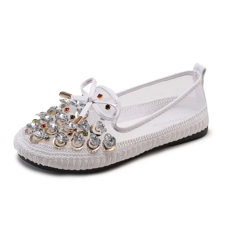 

JELLYFOND Rhinestone Crystal Flat Shoes Women Slip On Crystal Loafers Moccasins Driving Shoes Breathable Mesh Summer Woman Flats