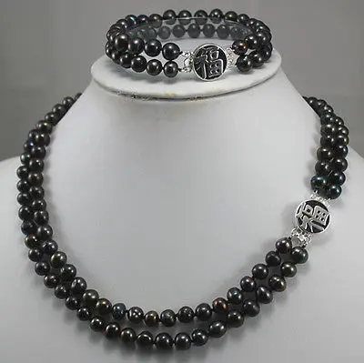 

Set Jewellery Real 7-8 mm Black freshwater pearl Silver clasp Necklace bracelet AAA style 100% Natural jade Noble Fine jewe