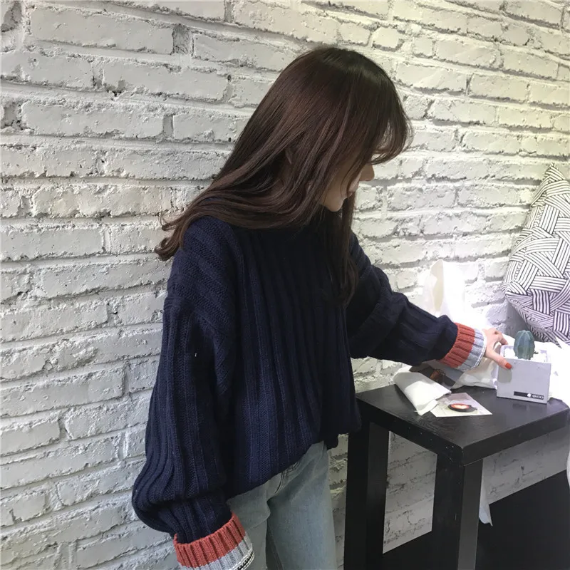 Autumn/Winter New O-neck Women Sweater with Colorful Cuff 2018 Loose Large Size Contrast Color Thick Knitting Female Pullover Autumn/Winter New O-neck Women Sweater with Colorful Cuff 2018 Loose Large Size Contrast Color Thick Knitting Female Pullover