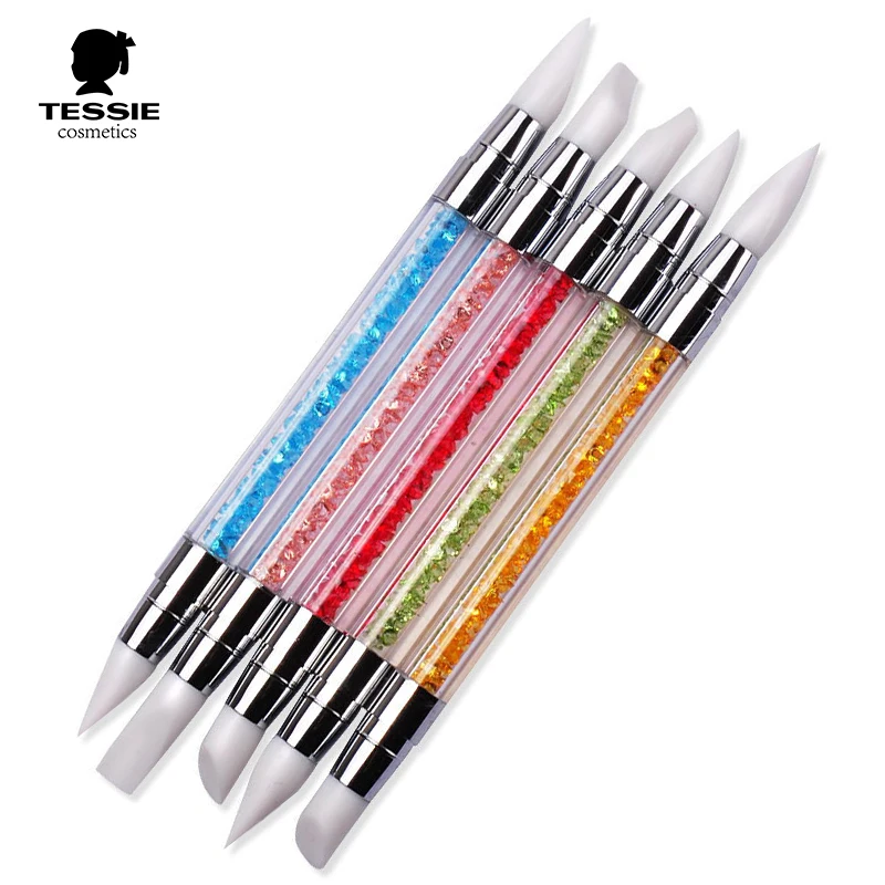 

tessie shop 5 Pcs Set 10 Tips Double GEL Nail Art Silicone Heads Carving Pen Brushes Pencil rose gold chrome nail tool