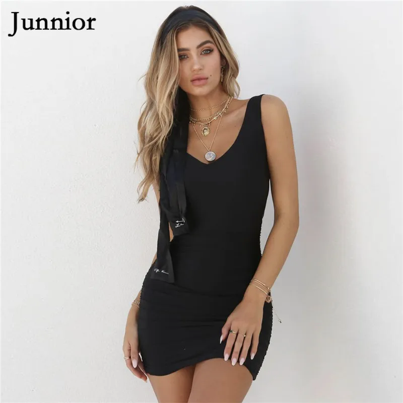 

Junnior Slim Bodycon Dress Female Backless Plain Sexy Sleeveless Clubwear Summer High Waist Wrap Mini Dress Women Modis Mujer