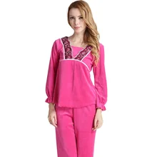 Женская пижама бархатная одежда для сна комплект Дамская весенне-осенняя Пижама кружевная Вышивка бархатная Пижама для женщин