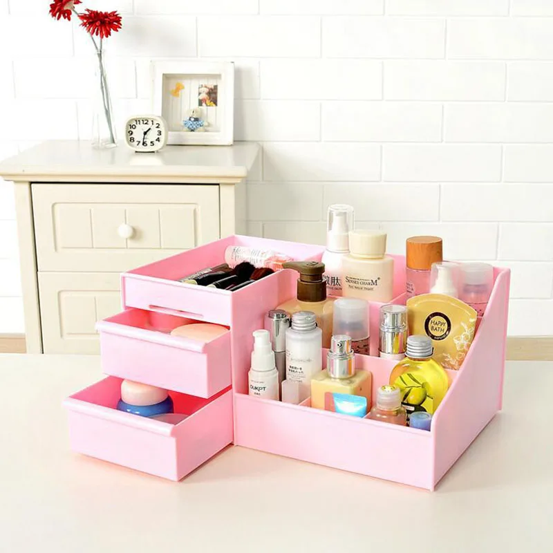 Пластиковый органайзер для макияжа, коробка для хранения кистей с ящиком, ватные тампоны палочки, чехол для хранения, лидер продаж - Цвет: Розовый