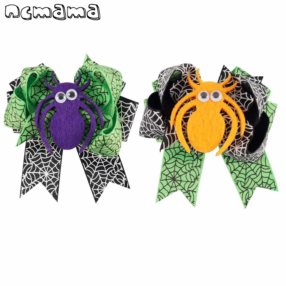 

2 Pcs/lot 3.5" Halloween Funny Hair Bows Spider for Girls Printed Hairgrips Black Green Hairpins Kids Party Hair Accessories