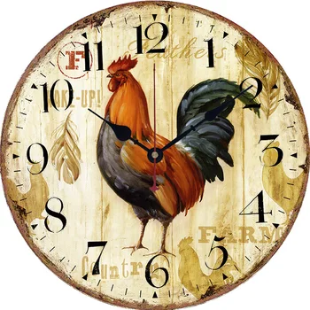 

Nordic Creative Retro Wooden Rooster Round Clock Wall Clock Modern Design Kitchen Study Bedroom Mute Decorative Quartz Clock
