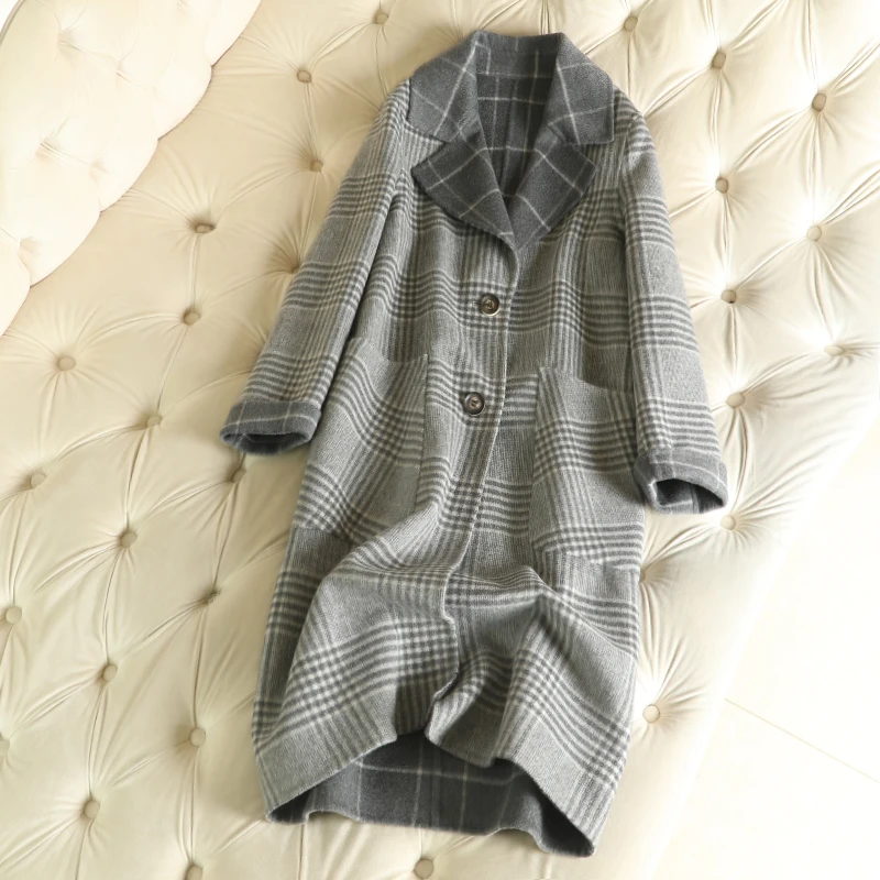 

100% Wool Srping Coats Double-sided Woolen Overcoat Winter 2018 New Wide-waisted Single Breasted V-neck Women Plaid Wool Coat