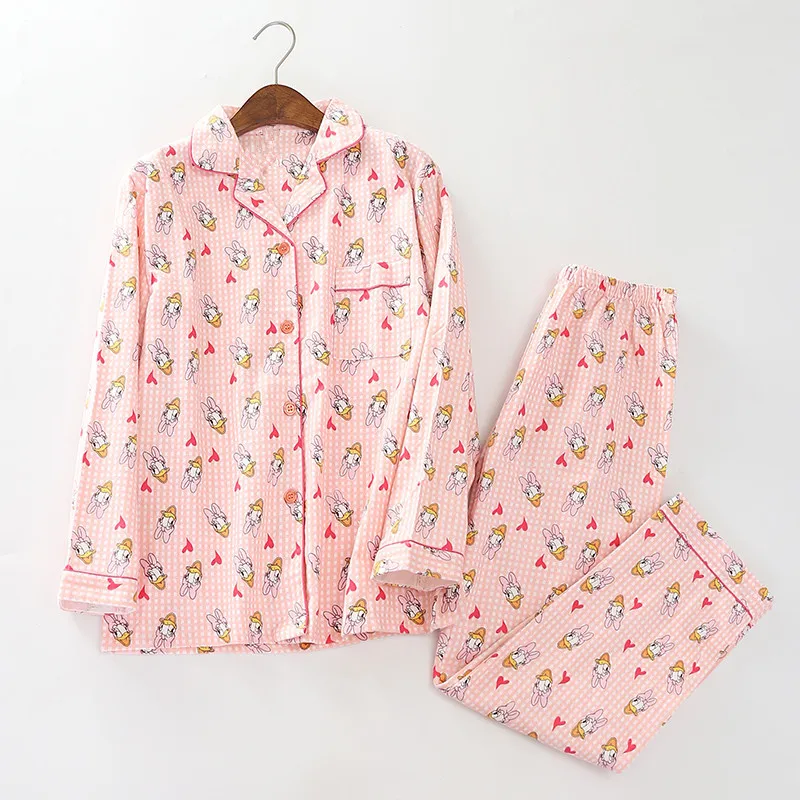 

2019 New Pajamas Women Brushed Cotton Cute Duck Print 2 Pieces Set Long Sleeve Elastic Waist Pants Lounge pyjamas S84690