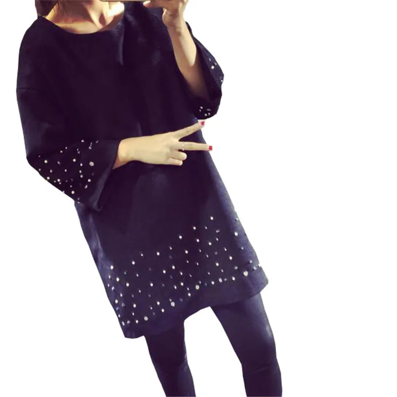 NDUCJSI Новинка модное платье-туника с бусинами и жемчугом женское прямое платье с рукавом три четверти весеннее короткое черное мини-платье