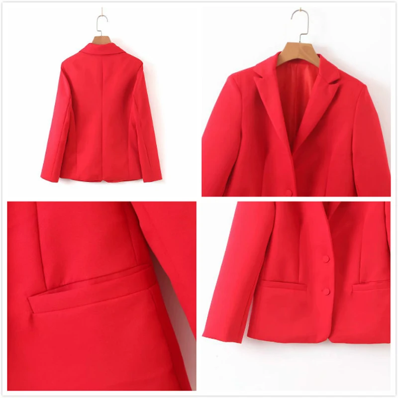 Office Lady Pants Suit Women's Single Breasted Long Sleeve Short Blazer Coat & Zipper Trousers Two Piece Set Red Costume Femme