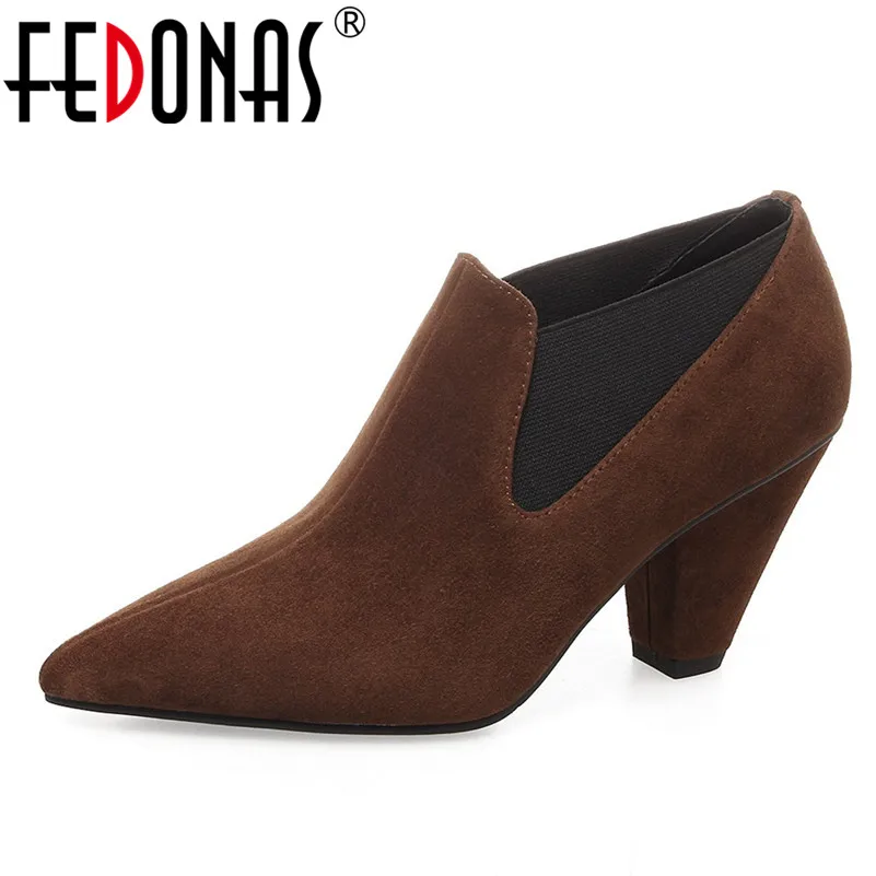 

FEDONAS Retro High Quality Women Pumps High Heels Suede Leather Spring Autumn Shoes Woman Slip On Elastic Band Office Pumps