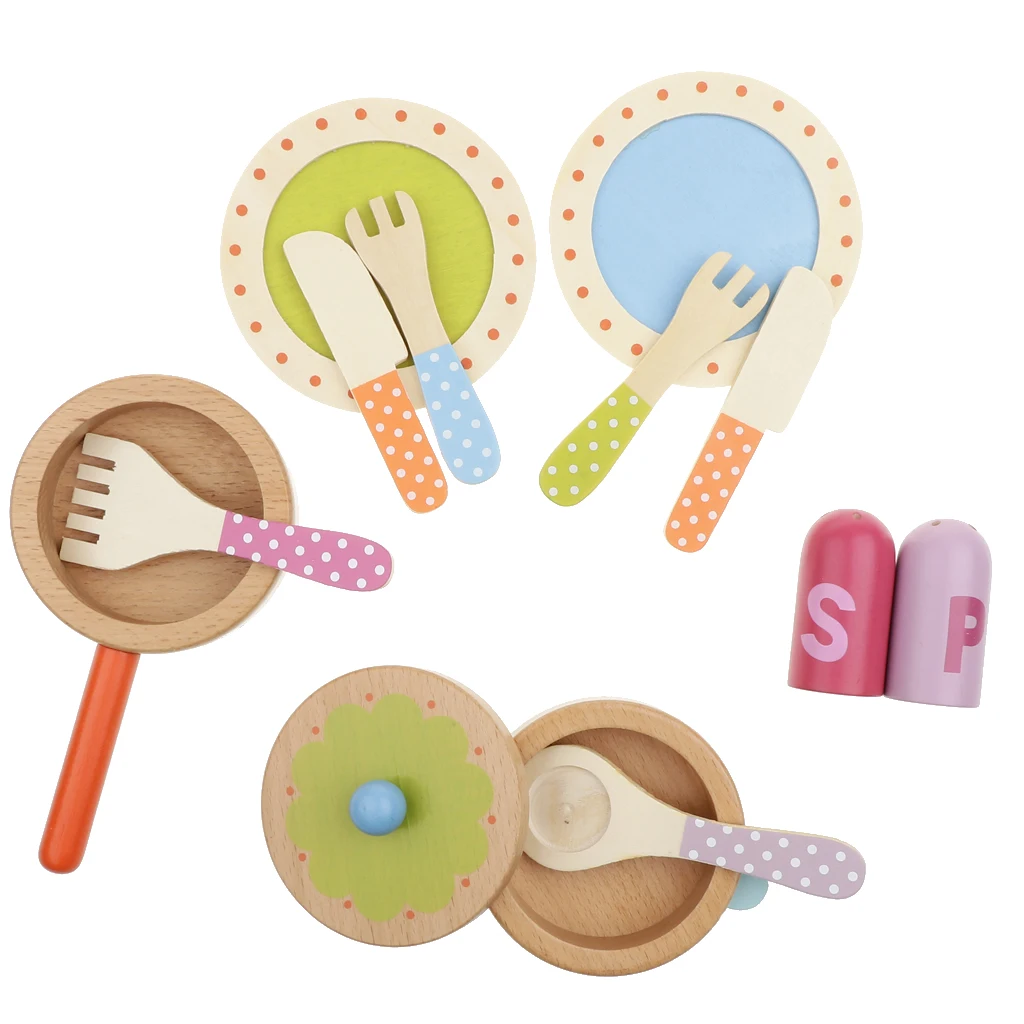 

Wooden Pretend Play Kitchen Dishes Toy Tableware Set, Plate, Pan, Pot, Fork and Other Accessories, Kids Early Educational Toy