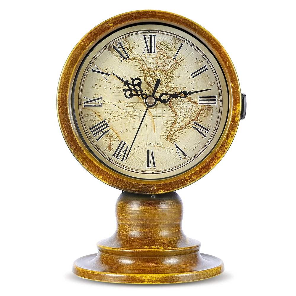 Double Sided European Antique Retro Style Table Clock with World Map