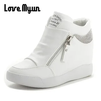 

Fashion sneakers womens Leather height increasing boots women high heel black white bling zipper Platform wedge shoes WW-24