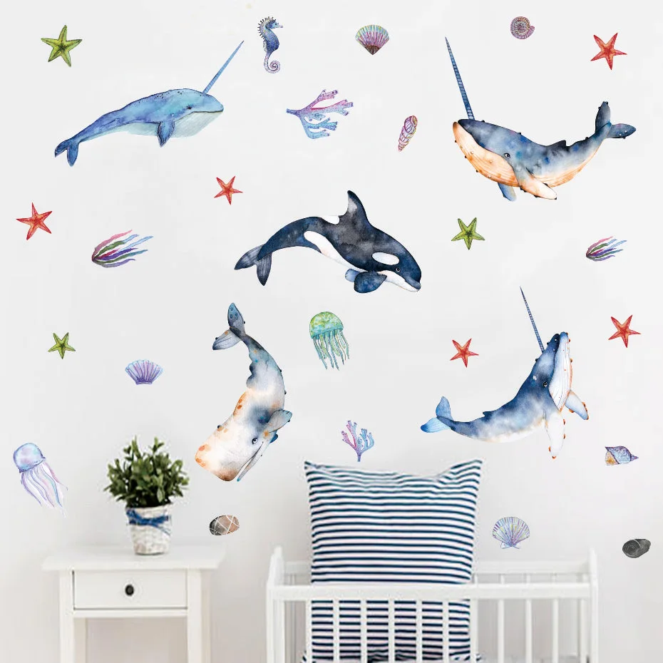Красивые наклейки на стену с изображением Кита под углом, художественные виниловые наклейки для детской спальни, гостиной, дома