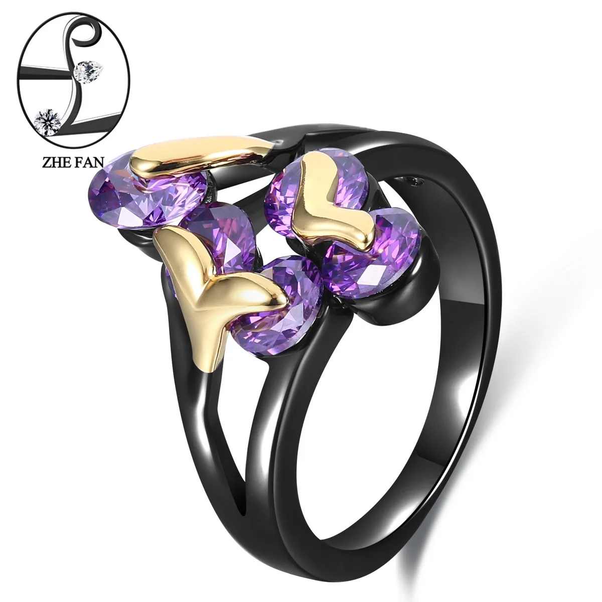 

ZHE FAN Vintage Ring Fashion AAA Cubic Zirconia Women Black Gold Color Two Tone Plating Rings For Party Gift Size 6-9 Wholesale