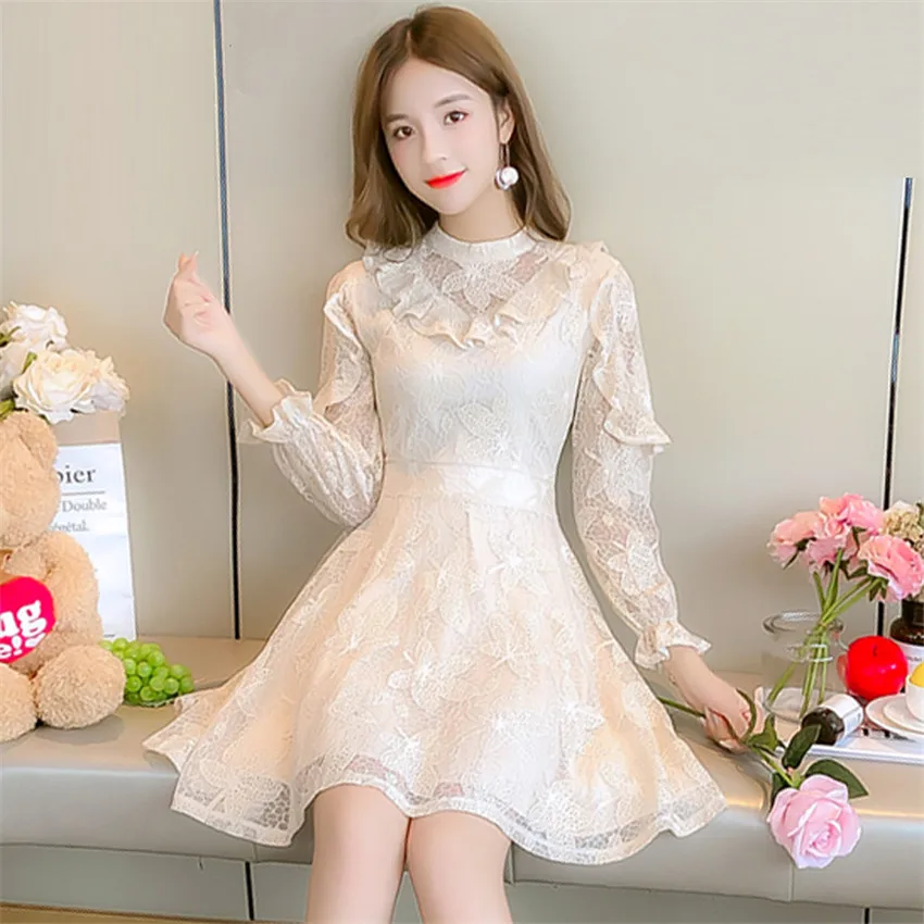 

2019 Spring Autumn Big Size Women Long Sleeve Lace Dress Elegant Slim Lady Dressess Vestidos Party Hollow Out Dress Mini WZ702