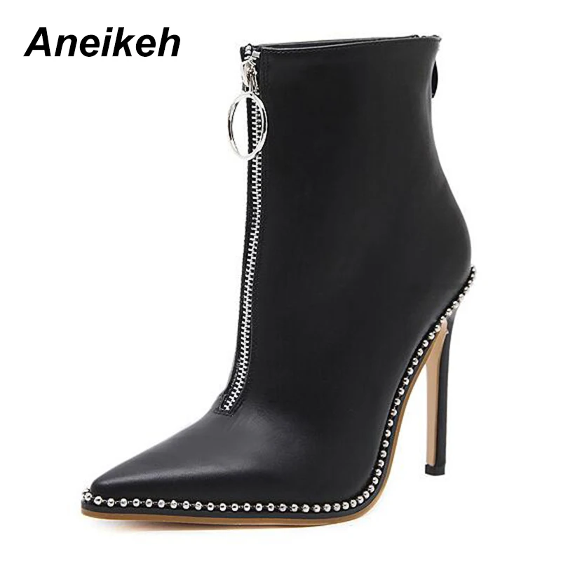 

Aneikeh Women Boots High Heel PU Leather Pointed Toe Platform Ankle Boots Ladies Fur Winter String Bead Shoes Woman Black