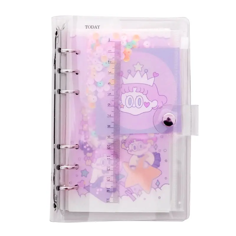 

1Pc Transparent Pink Notebook With PVC Cover Ruler Girl Pattern Round Ring Binder Planner Study Supply