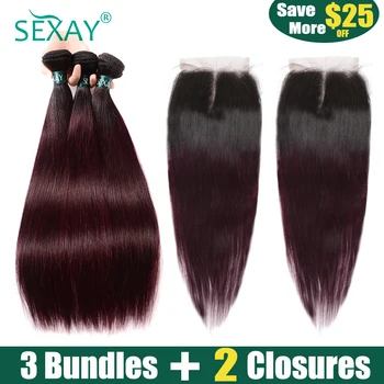 

Burgundy Bundles With Closures 1B / 99J Color SEXAY Remy Hair 3 Bundles With 2PCS Closures Two Tone Ombre Bundles With Closure