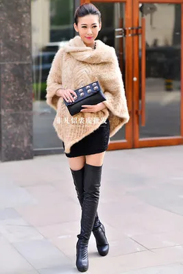 Женская накидка из натурального меха норки, утолщенный вязаный пуловер, шуба Куницы, Норковое Пальто, меховая шаль - Цвет: Beige