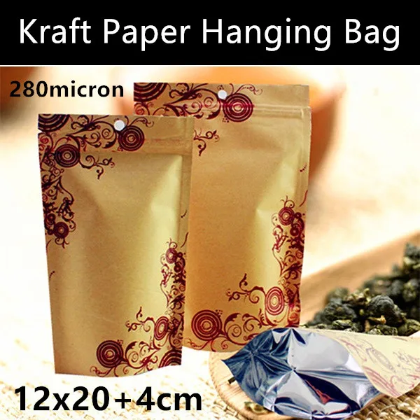 Wholesale 50pcs 12x20+4cm Kraft Paper Hanging Hole Bag Aluminum Foil