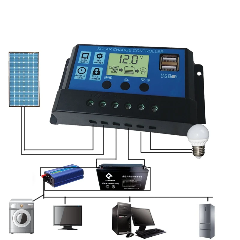 12V/24V 10A Солнечный Зарядное устройство контроллера ЖК-дисплей PWM Напряжение блок