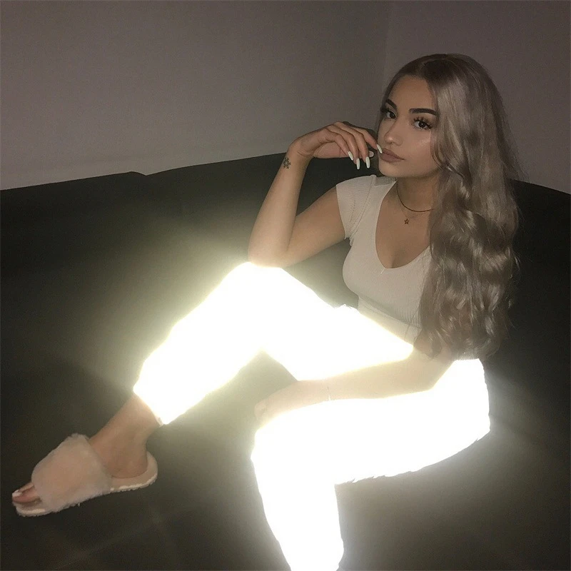 

2019 Spring autumn winter women flash reflective jogger pants casual gray solid streetwear trousers