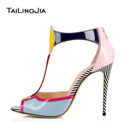 Разноцветные женские босоножки с Т-образным ремешком, женские летние туфли из лакированной кожи на высоком каблуке с открытым носком под