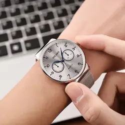 Для мужчин кварцевые часы цифровые часы Круглый циферблат наручные часы с ультра-тонкие часы с сетчатым ремешком для Бизнес путешествия @ M23
