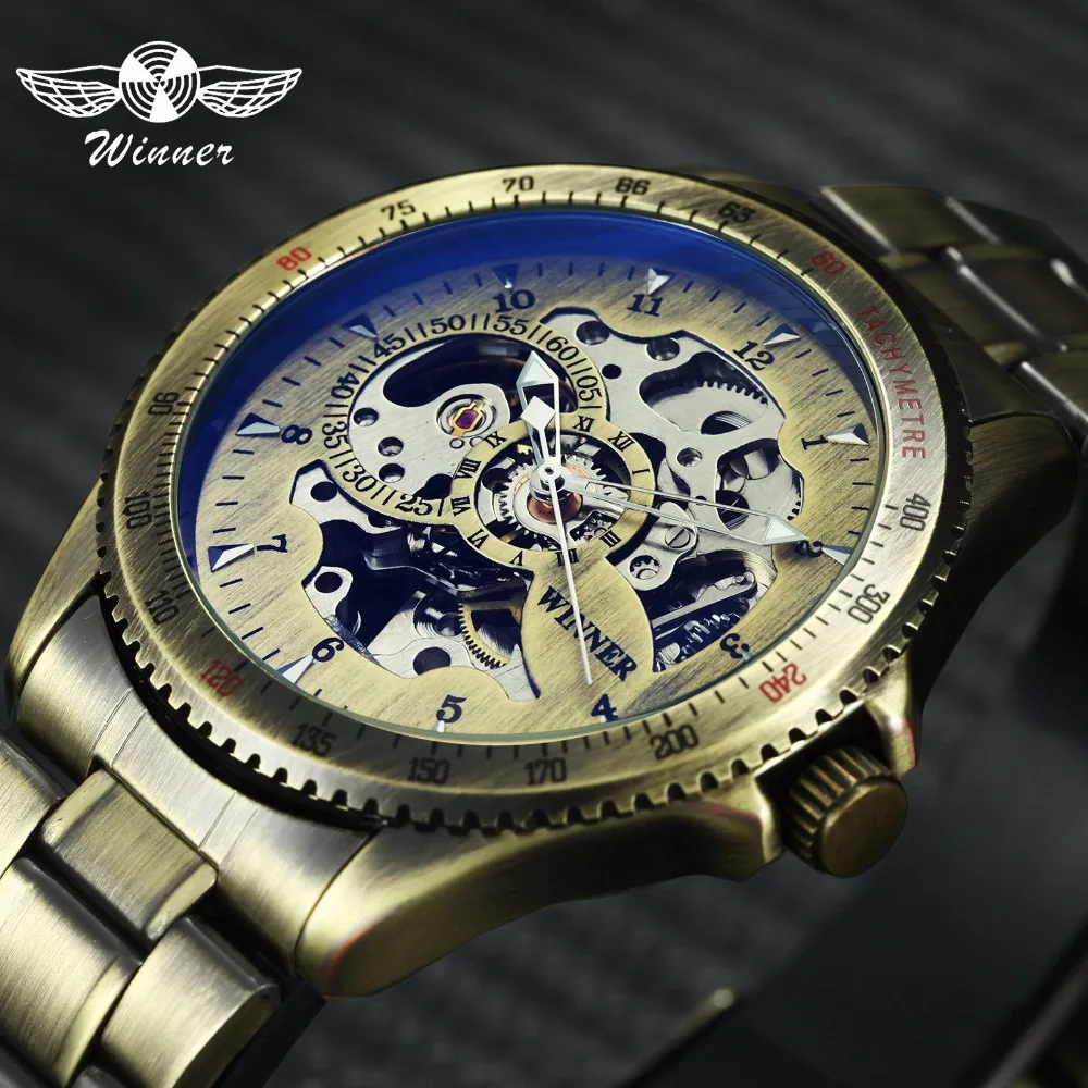 

WINNER Retro Copper Mens Automatic Self-Wind Mechanical Watch Skeleton Stainless Steel Clock