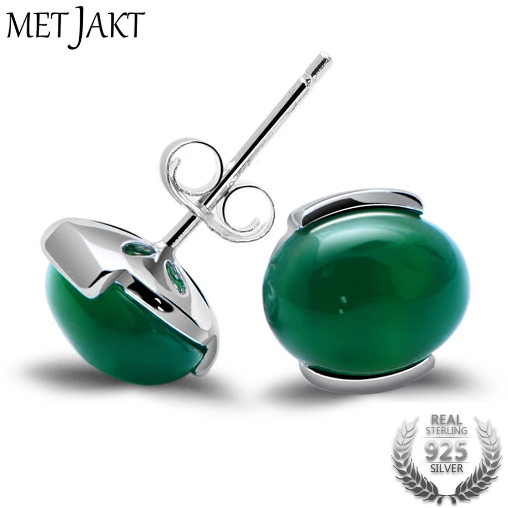 

MetJakt Natural Green Agate Earrings and Cat's Eye Solid 925 Sterling Silver Stud Earrings for Women's Vintage Jewelry