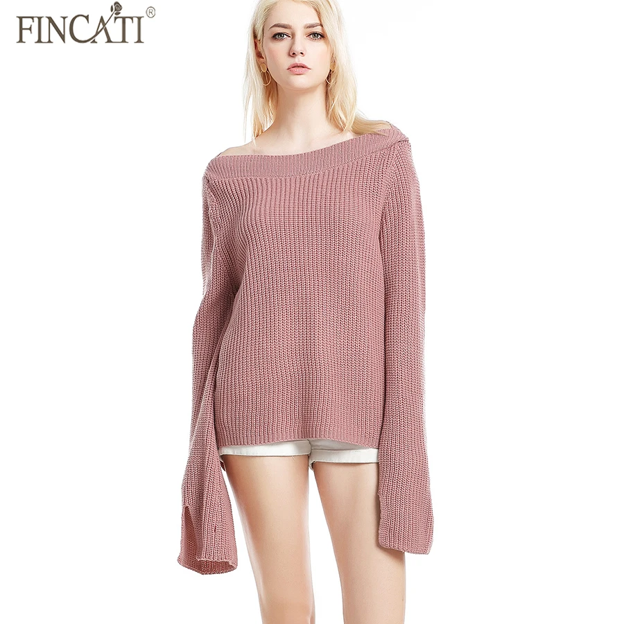 Women Sweater Fincati 2018 Sexy Slash Neck Solid Colors Long Flare Sleeve Knitted Pullover Loose Style S-XL Oversize Tops | Женская