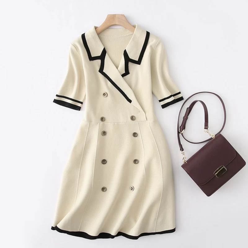 

Summer girl dress sweet fresh suit collar double breasted color matching A line knited dress for women DS-DS-sppssx