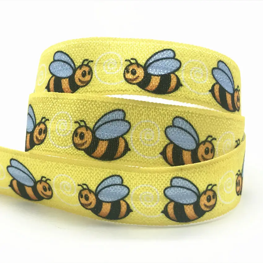 Bumblebee цыпленок Бабочка печать сложить над эластичным FOE лента для волос DIY вечерние свадебные украшения аксессуары 10 ярдов 5/8''
