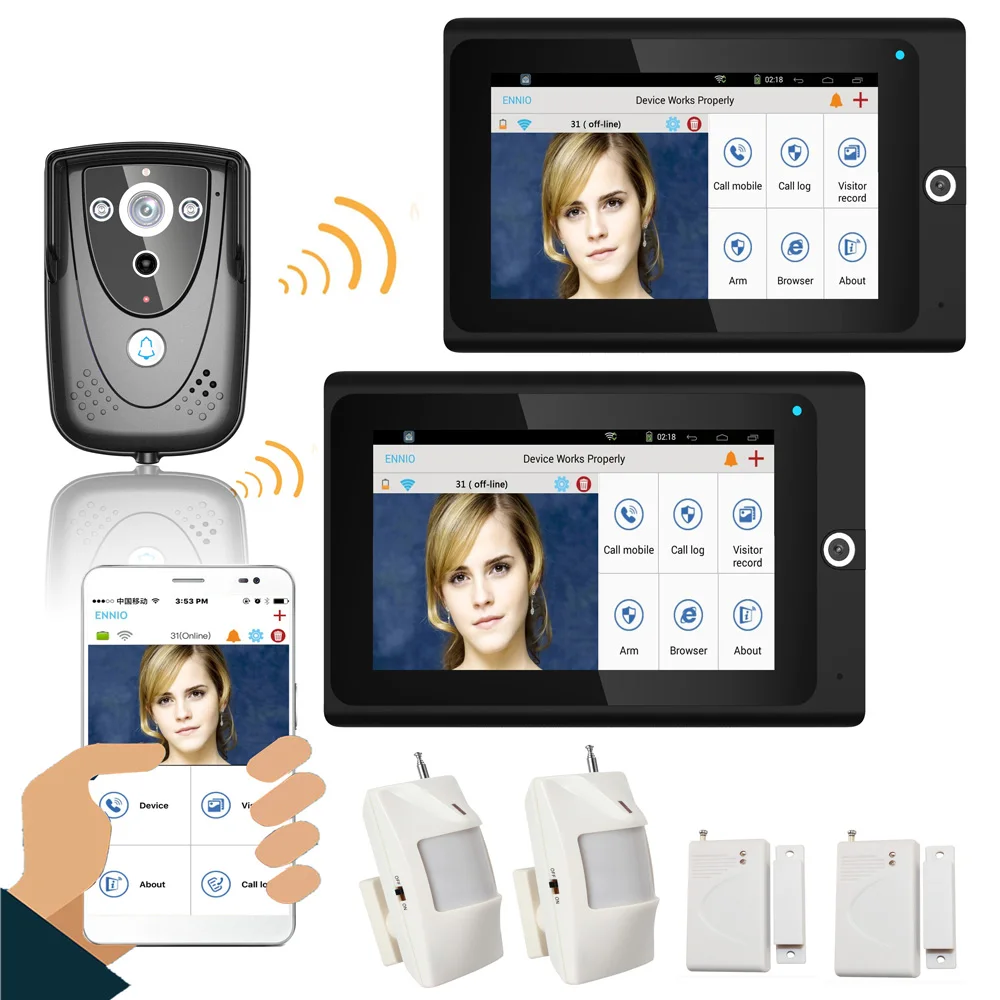 MOUNTAINONE 7&quot 2 Monitors WiFi Wireless Video Door Phone intercom Doorbell IP Camera PIR IR Night Vision Home alarm system |