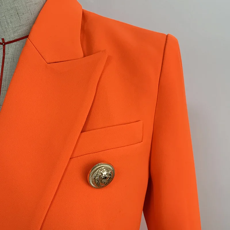High quality Newest 2019 Designer Jacket Blazer Women's Solid Lion Buttons Double Breasted Office Lady Blazers Coat Neon Orange