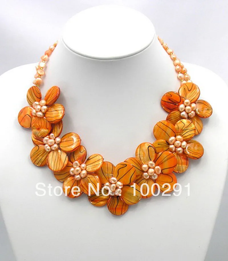 

Free Shipping !!! Charming !!! Orange Zebra Mother of Pearl/MOP Shell FW Pearl Wired Flower Necklace earring jewelry sets