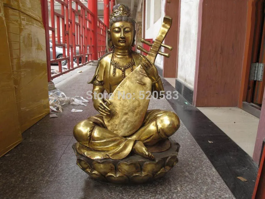 

free 23"Tibet Folk Temple Bronze Gild lute kwan yin Music Goddess Buddha statue fast