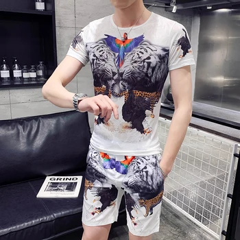 

2019 Summer Men's Sportswear Set Short Sleeve T Shirt Tracksuit Sets Fashion Men 2 Pcs Sets Printed Hip Hop Night Club Clothes