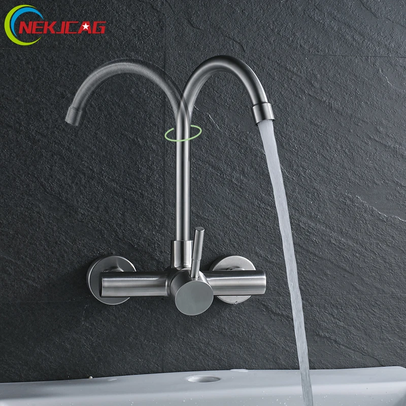 

Into the Wall Basin Faucet Stainless Steel Finish Water Hot and Cold Water Faucet with 360 Degree Rotation Mixer Tap