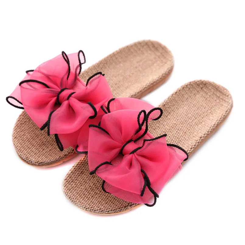

Women Female Bohemia Bow knot Flax Linen Flip Flops Beach Shoes Sandals Slippers zapatos de mujer B1