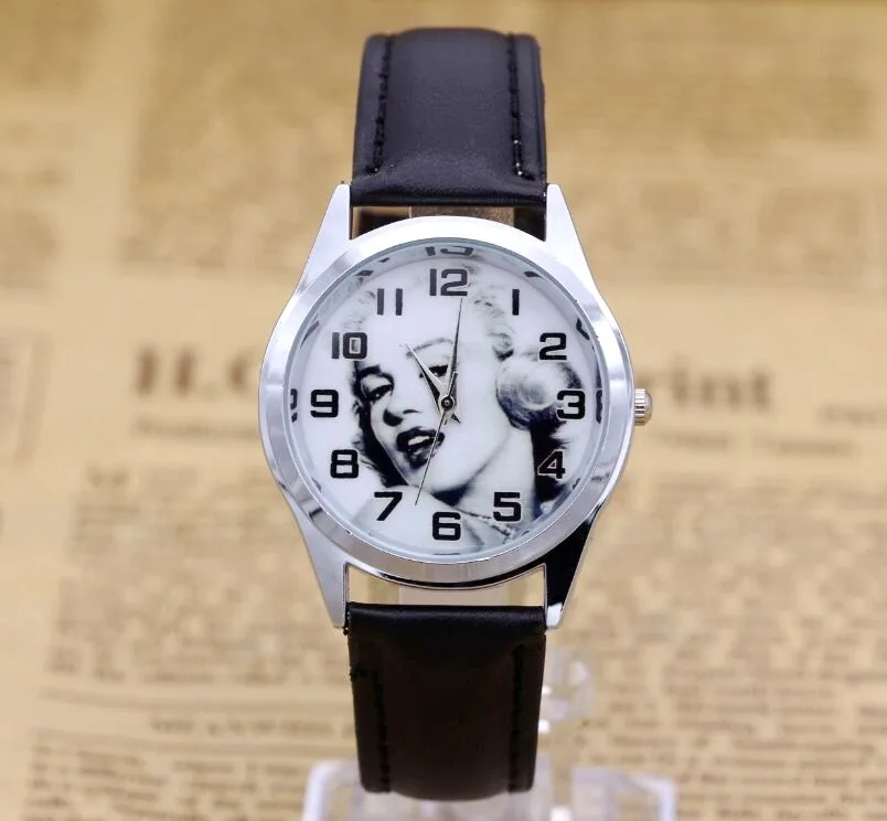 Quartz Fashion Watches Marilyn Monroe Black Leather Strap Diamond Watch
