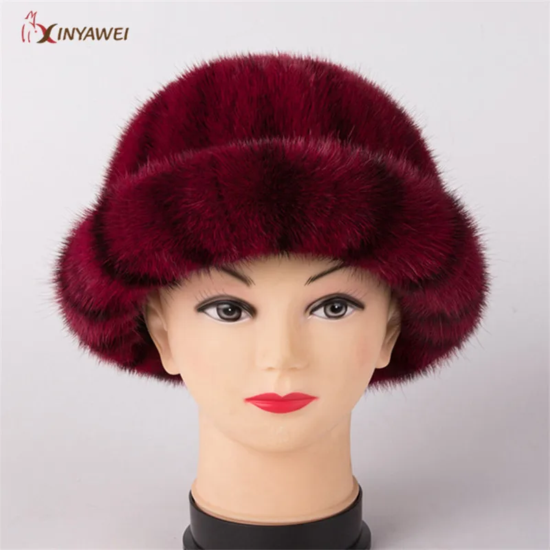 Для женщин меховая шапка для зима натуральный мех норки cap русский женские меховые головные уборы брендовые новые модные теплые шапочки Кап - Цвет: red
