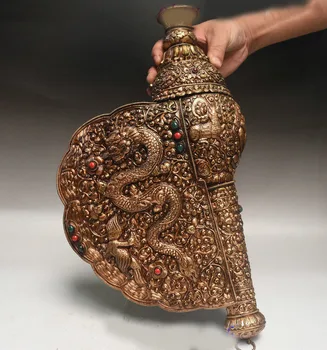 

Christmas 18" Tibet Silver Gilt Filigree Inlay Gem Dragon Phoenix Conch Shell Trumpet Horn New Year
