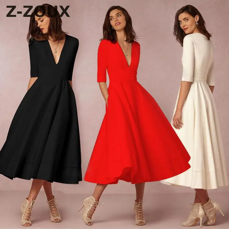 

Z-ZOUX Women Dresses Deep V Neck Half Sleeve Women Dress High Waist Slim Thin White Dresses Plus Size Dress 6XL Spring Summer