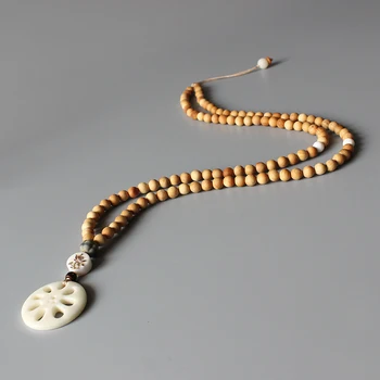 

Wholesale Tibetan Buddhism 108mala Natural Wood Beads Necklace For Women Hand Carved Ivory White Tagua Nut Pendant OM Jewelry