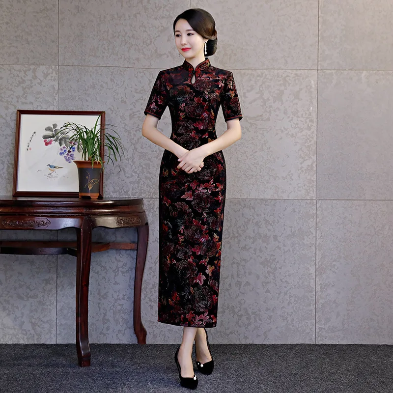 Мама Oriental платье Традиционный китайский Стиль платье длинные бархатные Cheongsam цветок Qipao Китайский женское платье плюс Размеры 4XL